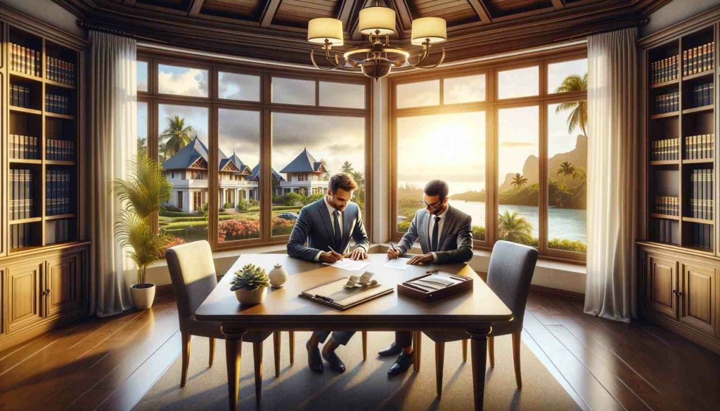 Signature d'un acte de vente immobilier dans une étude notariale à l'île Maurice
