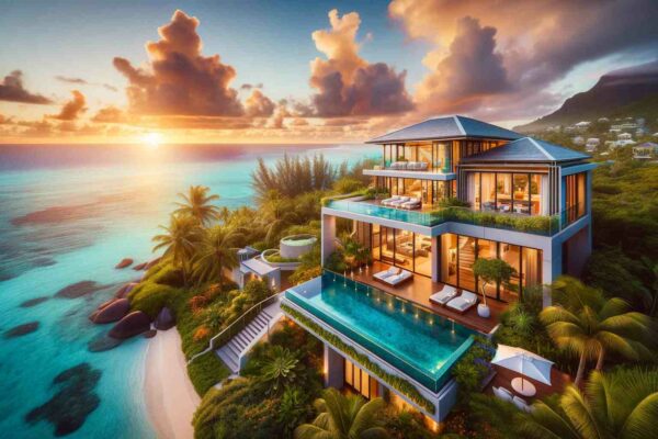 Villa contemporaine à flanc de colline dominant le lagon de l'île Maurice au coucher du soleil