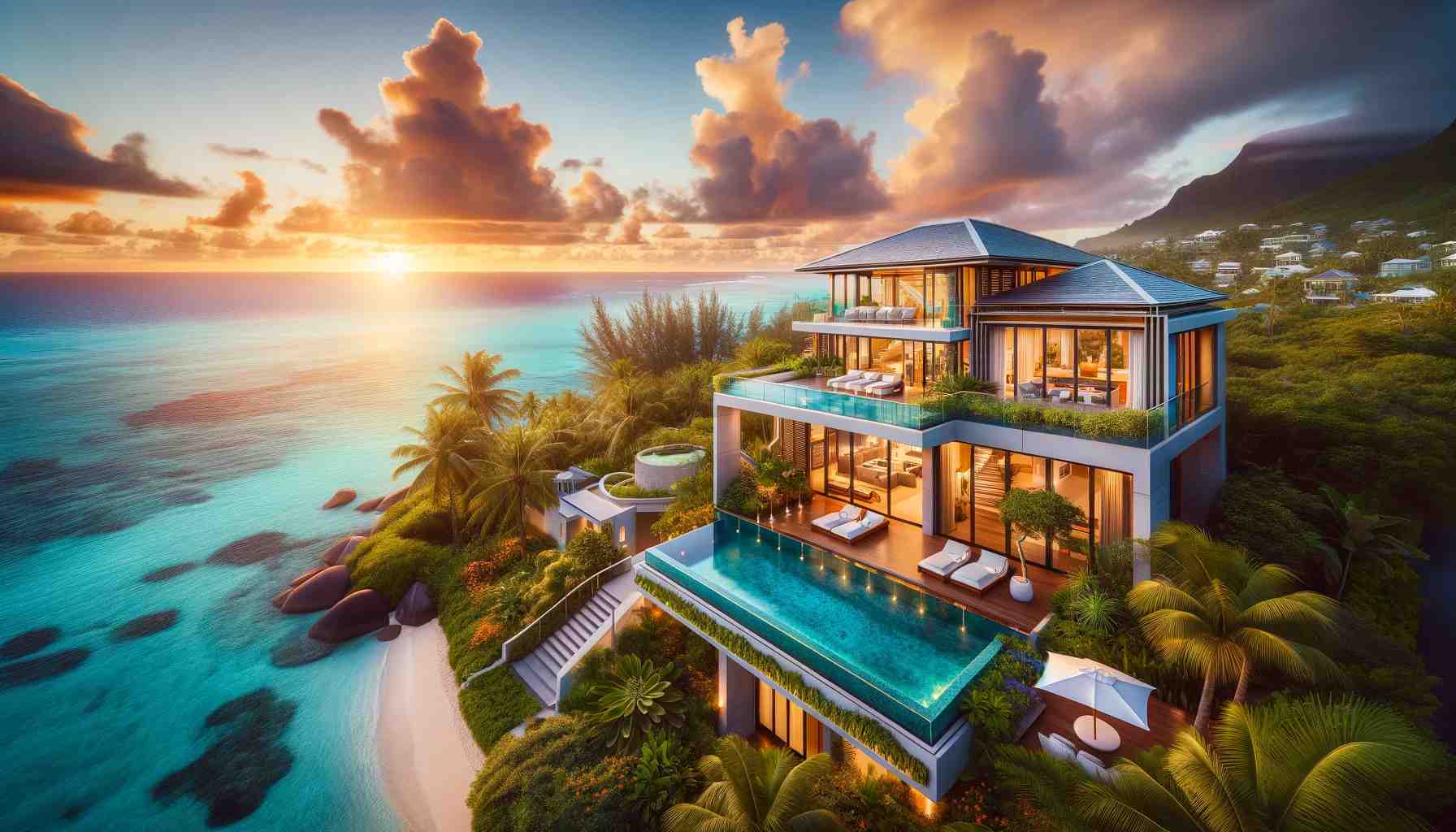 Villa contemporaine à flanc de colline dominant le lagon de l'île Maurice au coucher du soleil