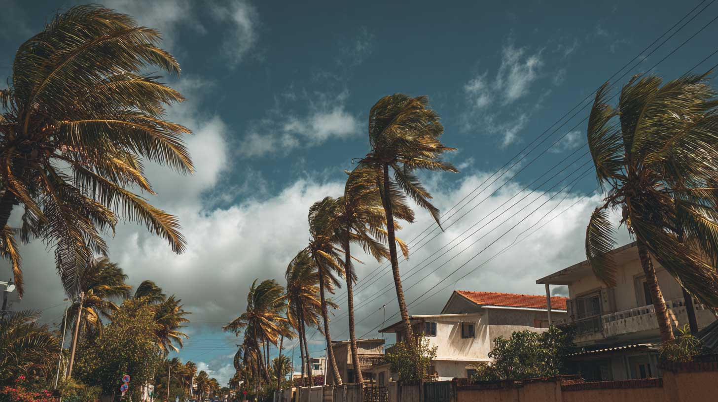 Palmiers courbés par le vent dans une rue résidentielle de l'île Maurice pendant une alerte cyclonique