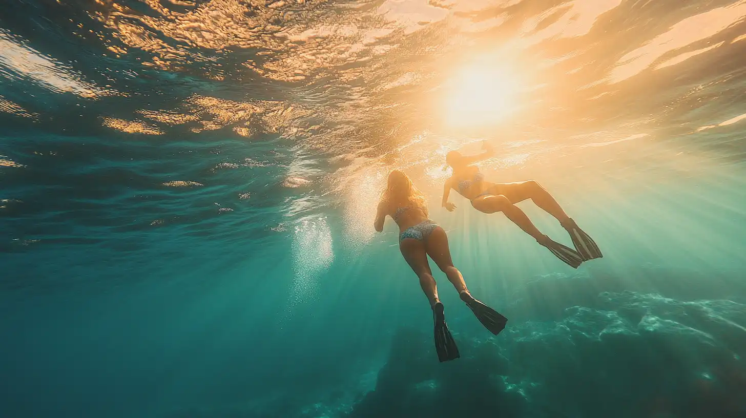 Deux personnes nageant en apnée sous la surface, à contre-jour dans une eau claire
