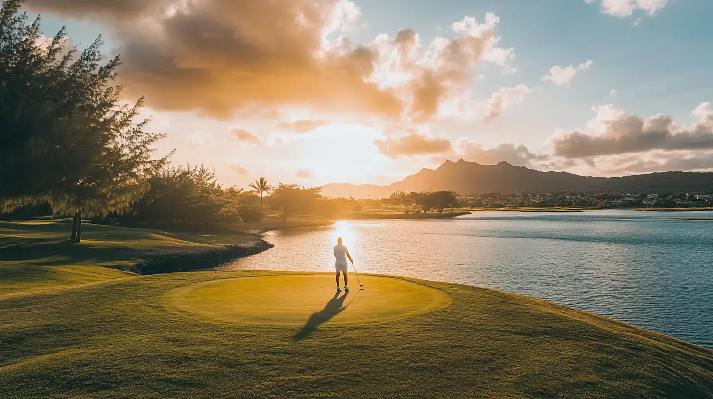 Golfeur seul sur un green au bord d'un plan d'eau, au coucher du soleil, à l'île Maurice