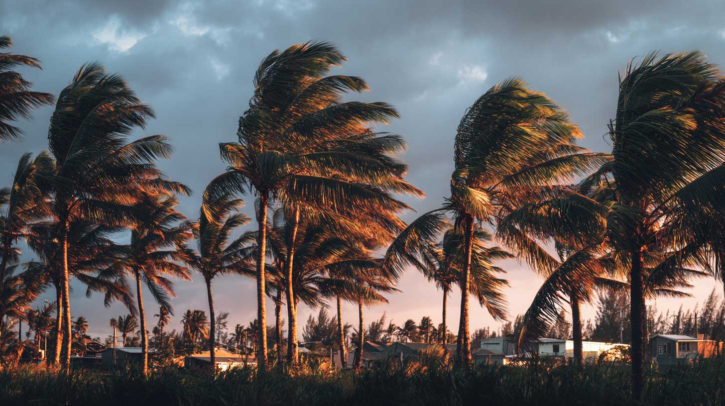 Palmiers au crépuscule après le passage d'un cyclone sur un village de l'île Maurice