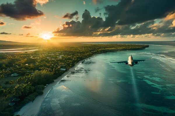 Avion à l'approche de l'île Maurice au-dessus du lagon, au coucher du soleil