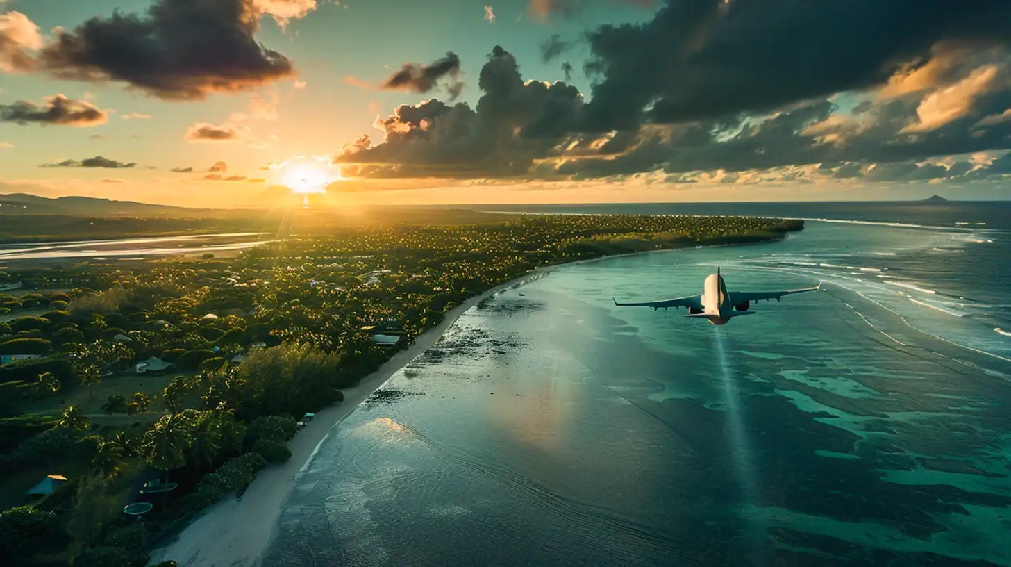 Avion à l'approche de l'île Maurice au-dessus du lagon, au coucher du soleil