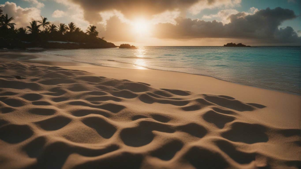 Plage de sable et lagon de l'île Maurice au coucher du soleil, cocotiers en contre-jour