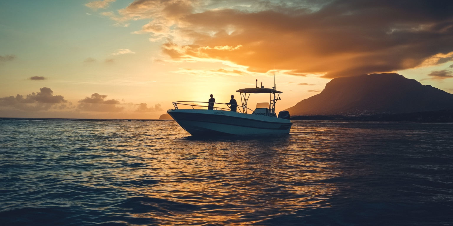 Bateau de pêche au gros au lever du soleil au large de la côte ouest de l'île Maurice