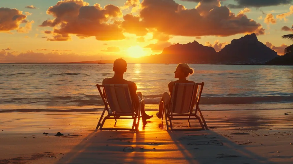 Couple installé en transats face au coucher de soleil sur une plage de l'île Maurice