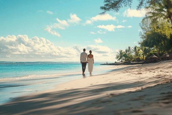 Couple marchant pieds nus sur une plage de l'île Maurice devant le lagon