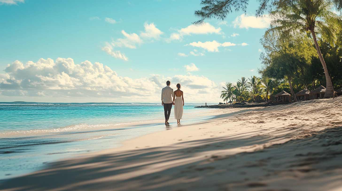 Couple marchant pieds nus sur une plage de l'île Maurice devant le lagon