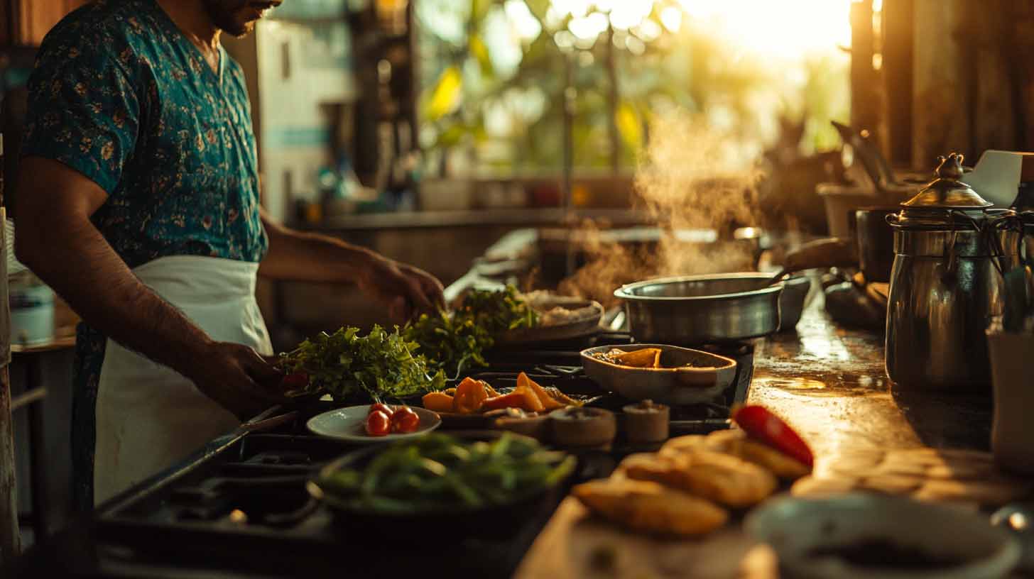 Préparation de plats mauriciens dans une cuisine ouverte