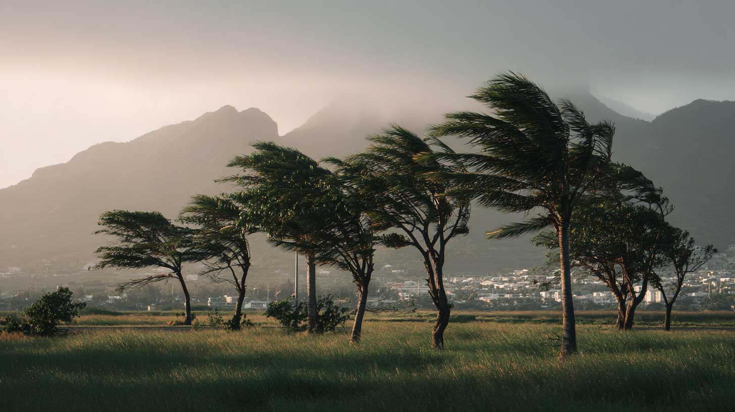 Arbres pliés par le vent devant les montagnes de l'île Maurice pendant la saison cyclonique