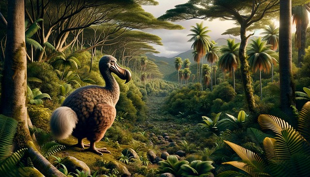 Vue d'artiste d'un dodo dans la forêt tropicale mauricienne, avant l'arrivée des Européens