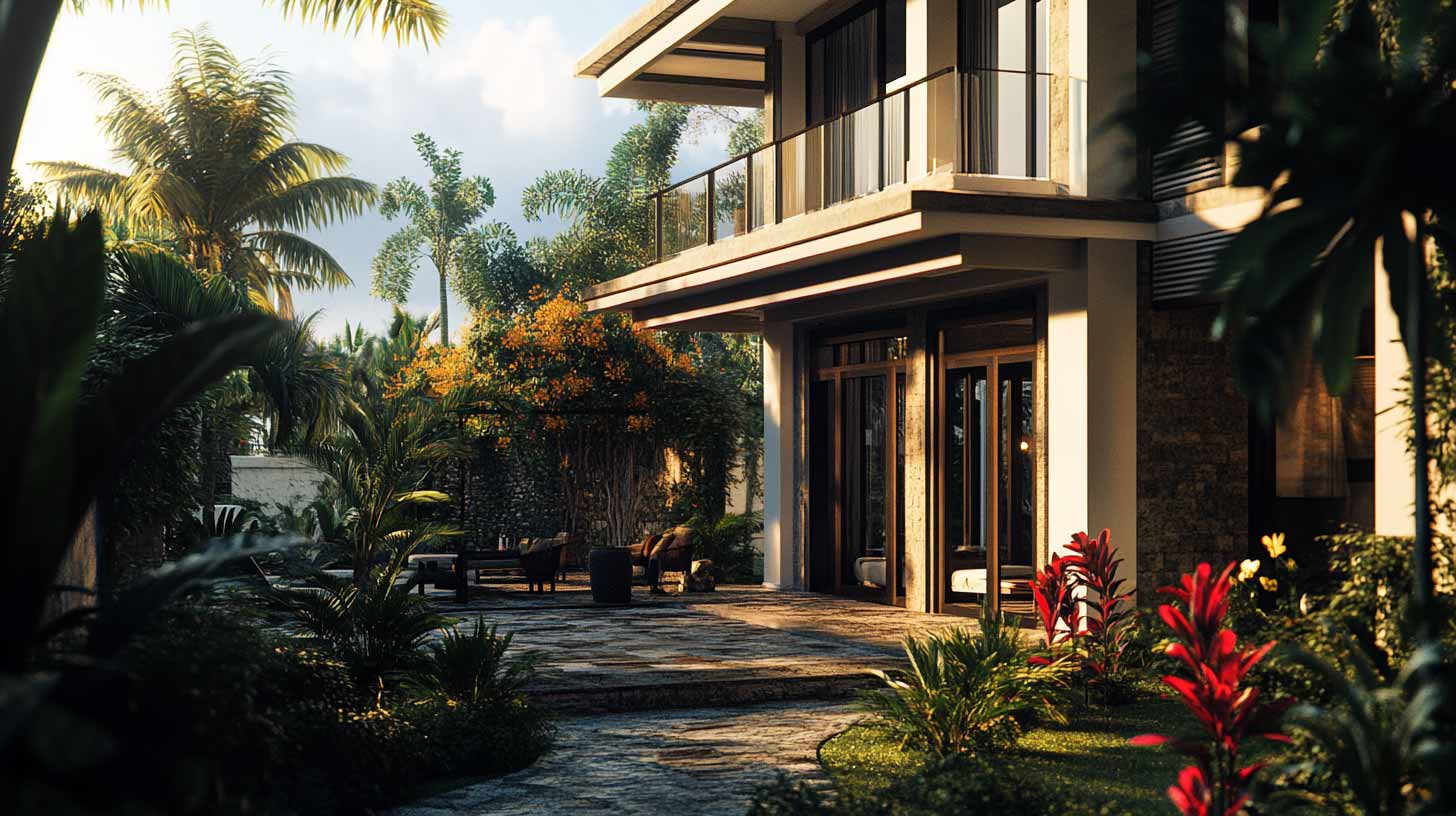 Entrée d'une villa mauricienne en fin de journée, allée de pierre et jardin tropical fleuri