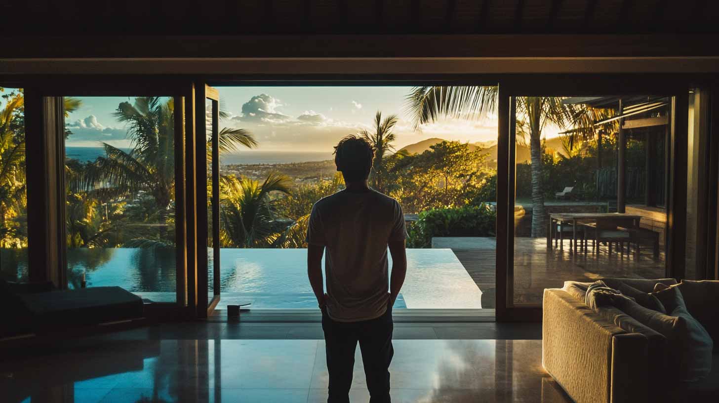 Homme de dos dans un salon ouvert sur une piscine à débordement, vue sur le lagon et les montagnes au coucher du soleil