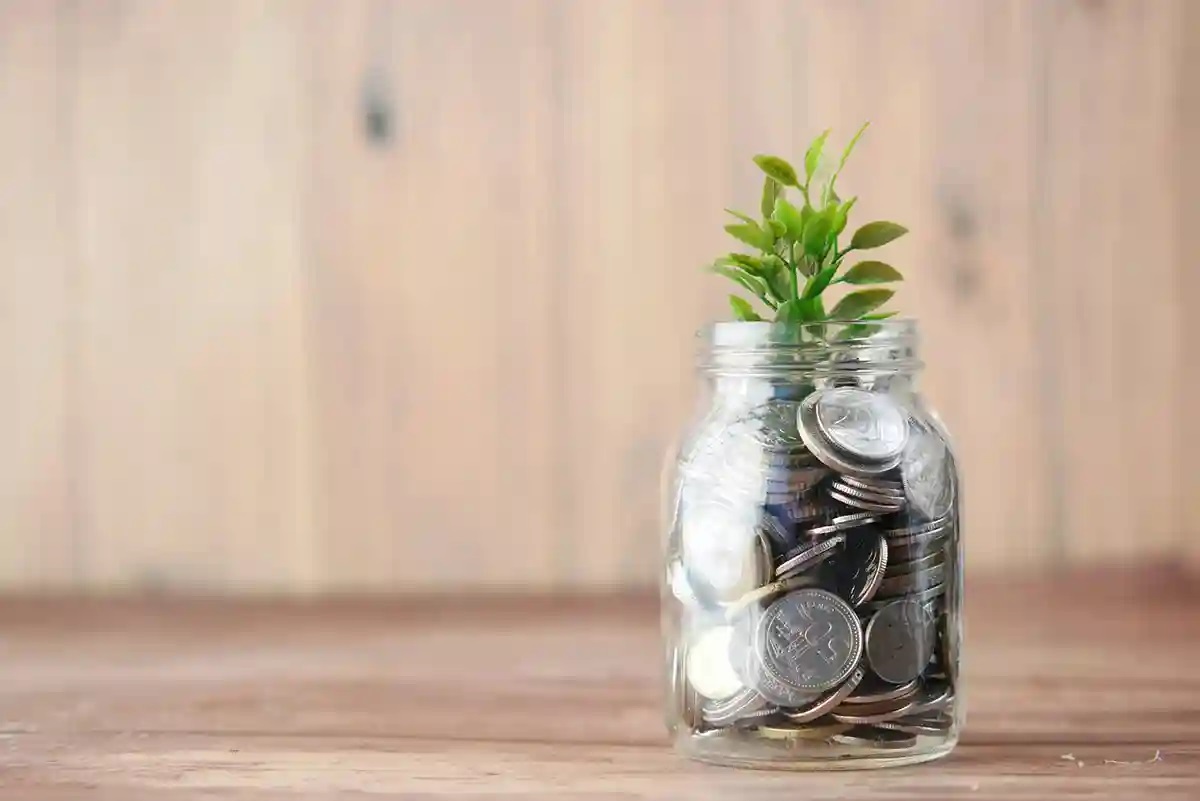 Bocal en verre rempli de pièces de monnaie avec une jeune pousse, posé sur une table en bois