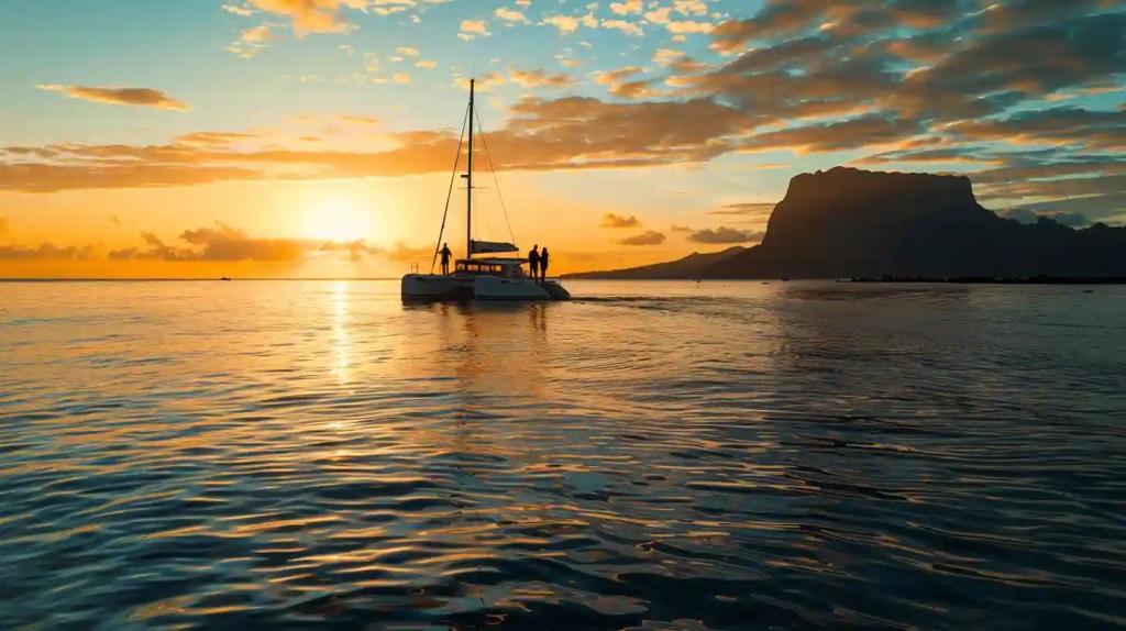 Catamaran au mouillage devant la silhouette d'une montagne, au coucher du soleil, à l'île Maurice