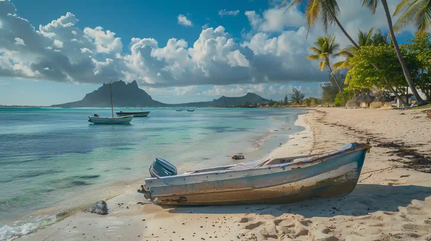 Pirogues de pêcheurs échouées sur une plage abritée de l'île Maurice, montagne en arrière-plan