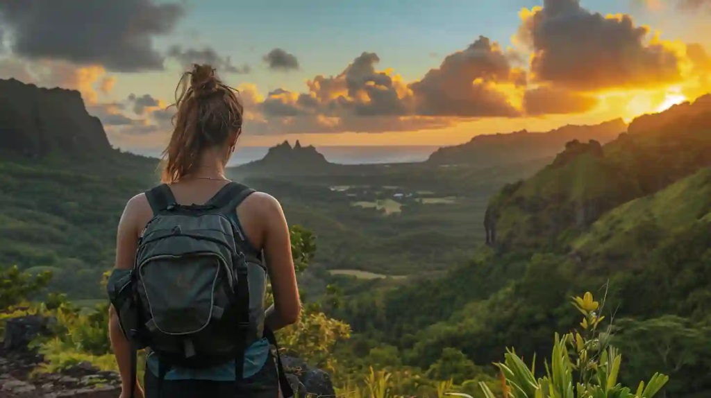 Randonneuse au sommet d'un relief verdoyant de l'île Maurice, vue sur la vallée et l'océan au coucher du soleil