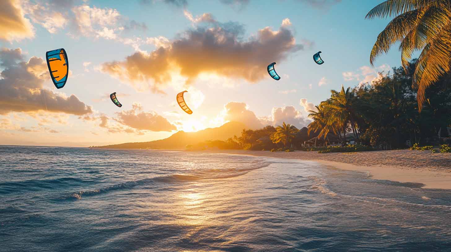 Kitesurfs au-dessus du lagon de l'île Maurice en fin de journée