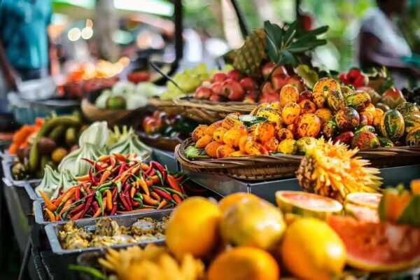 Étal de fruits, légumes et piments sur un marché de l'île Maurice