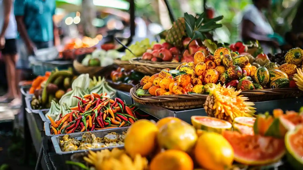 Étal de fruits, légumes et piments sur un marché de l'île Maurice