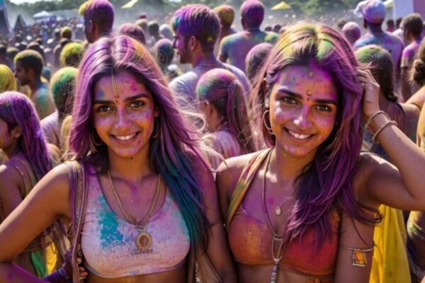 Participantes couvertes de poudres colorées lors d'une fête de Holi