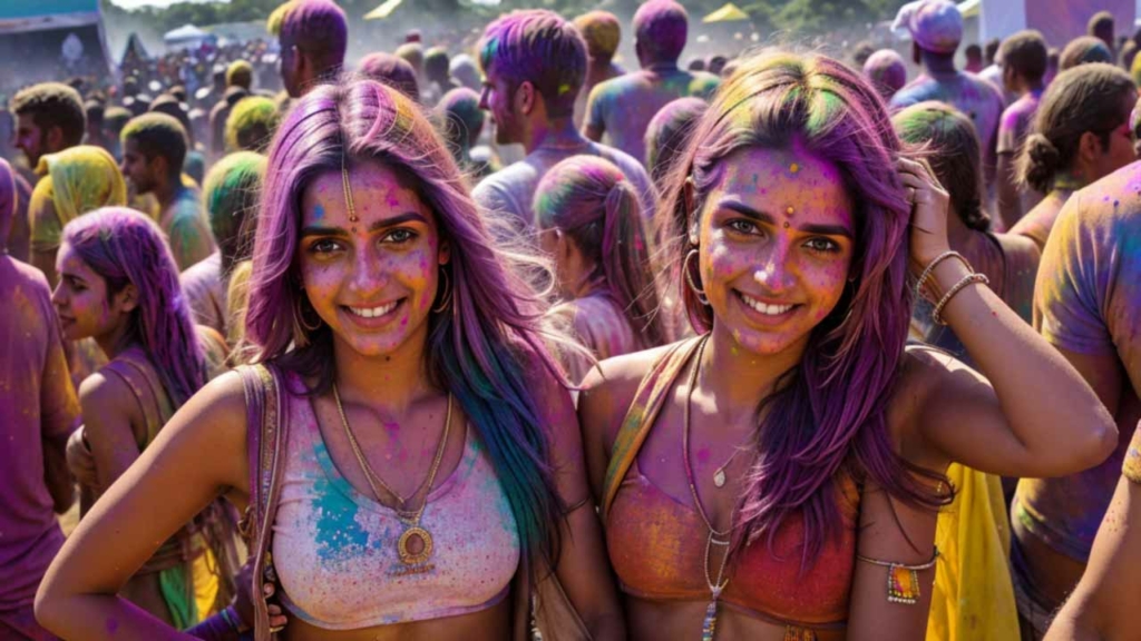 Participantes couvertes de poudres colorées lors d'une fête de Holi