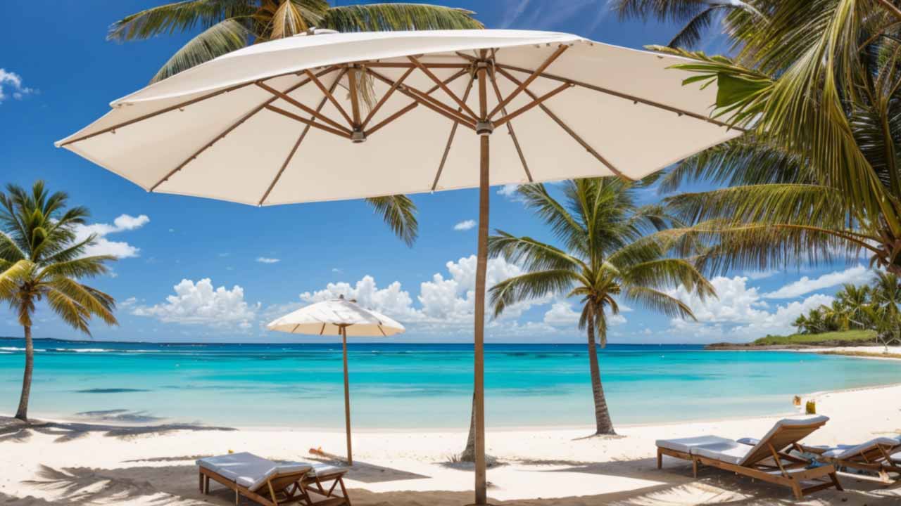 Parasol et transats sur une plage de sable blanc bordée de cocotiers, à l'île Maurice