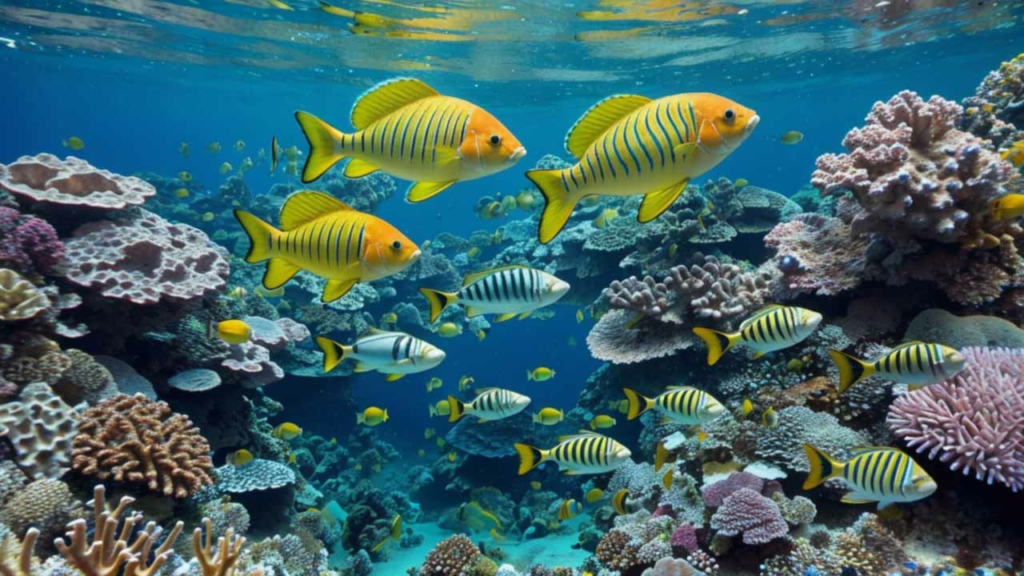 Poissons tropicaux jaunes et rayés au-dessus d'un récif corallien coloré
