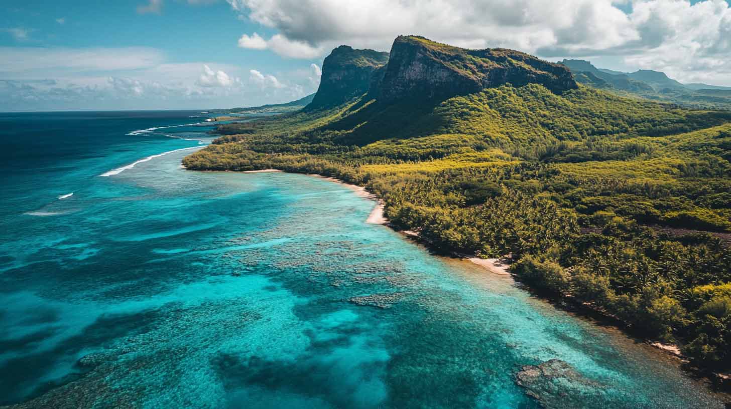 Vue aérienne d'une côte de l'île Maurice avec falaise verdoyante, récif et lagon turquoise