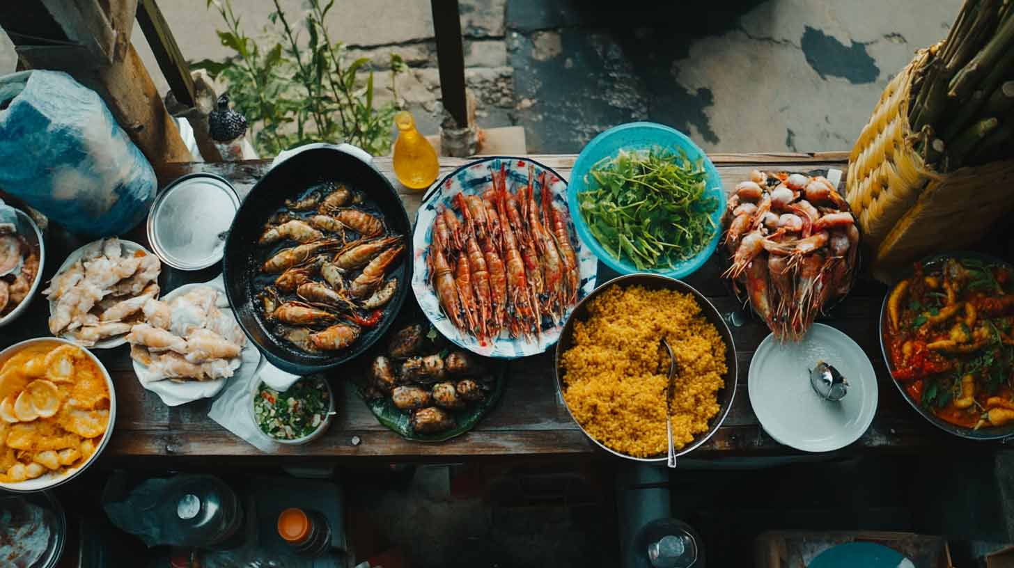 Étal garni de plats mauriciens, crevettes, poissons, riz safrané et légumes verts