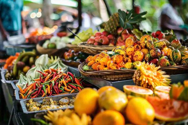 Étal de fruits tropicaux sur un marché : ananas, goyaves, piments et agrumes