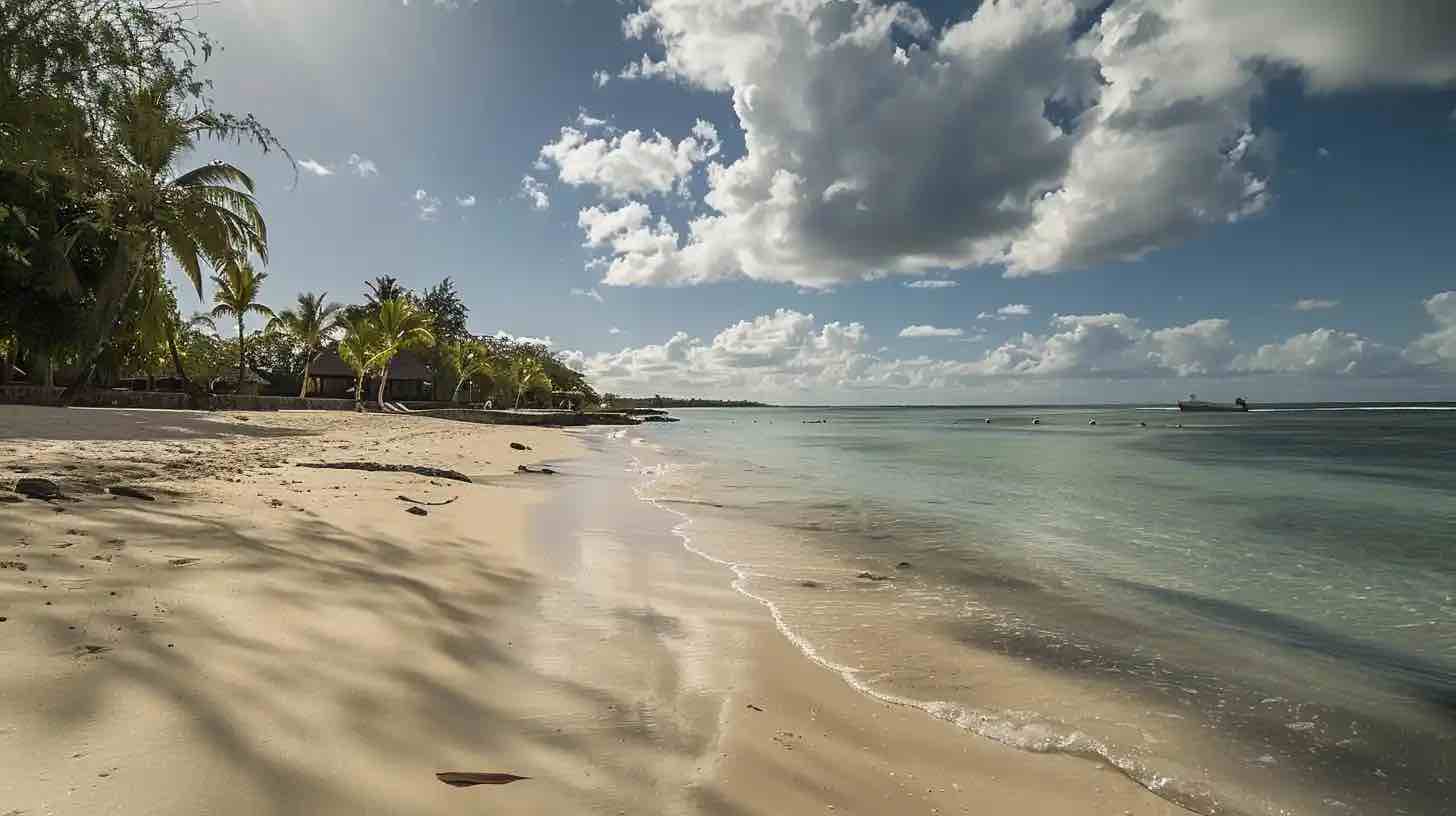 Plage déserte bordée de filaos, sable clair et lagon peu profond très transparent à l'île Maurice