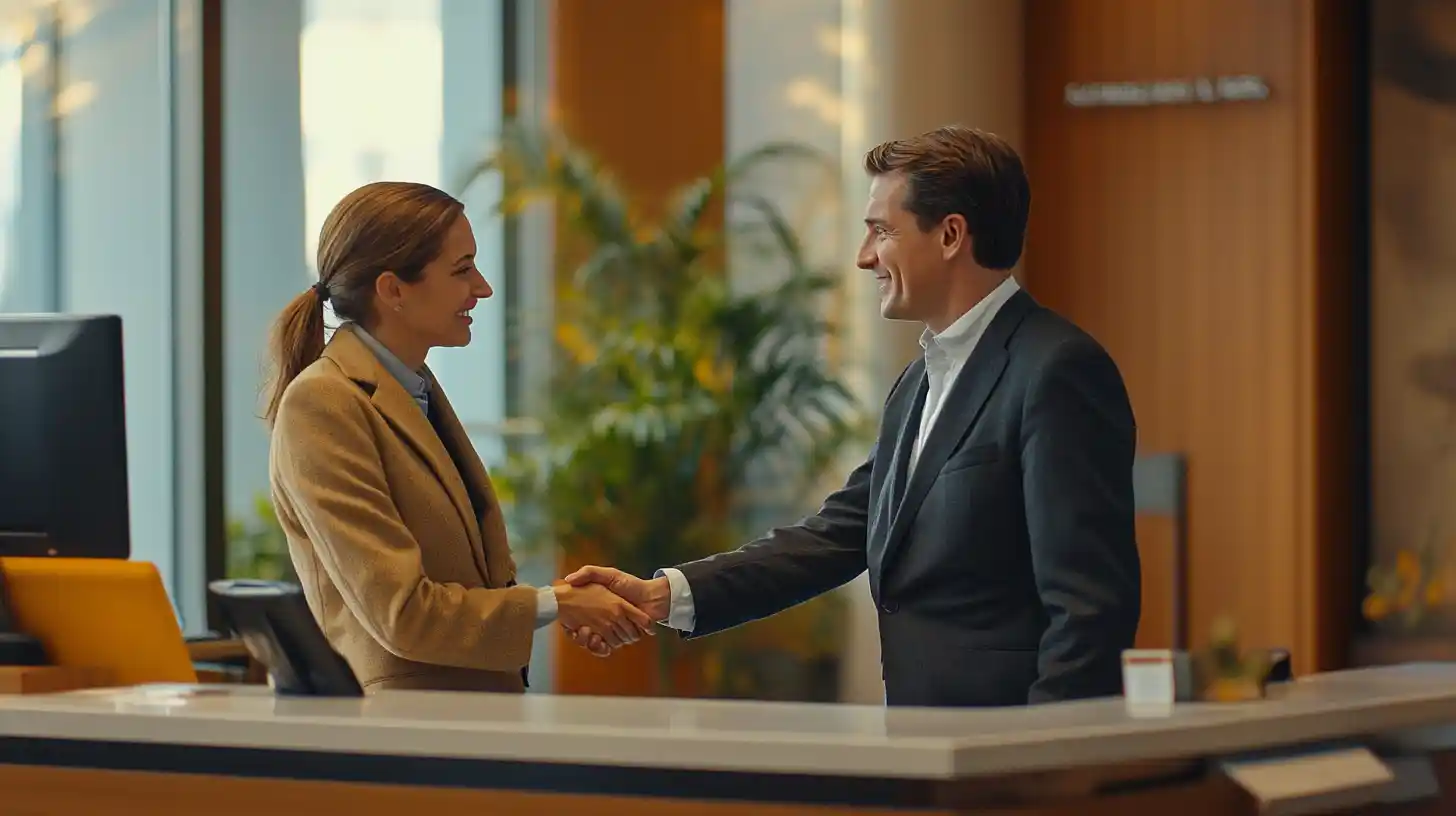 Cliente et conseiller se serrant la main au comptoir d'une agence bancaire