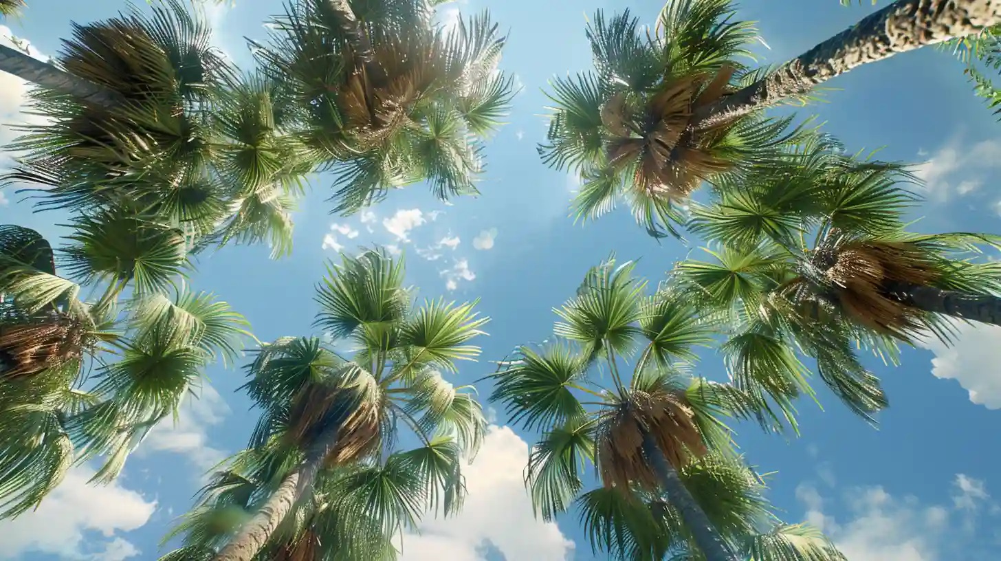 Palmiers vus d'en bas sous le ciel des hauteurs de l'île Maurice