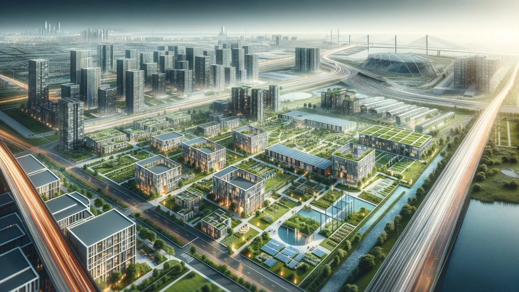 Illustration de synthèse d'un quartier mixte associant logements, bureaux, toitures végétalisées et espaces verts