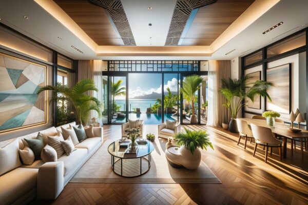 Séjour d'une villa haut de gamme ouvert sur une piscine et le lagon, parquet et mobilier clair