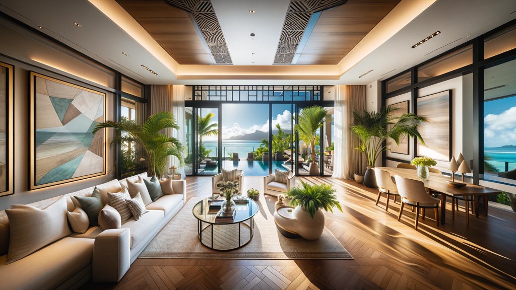 Séjour d'une villa haut de gamme ouvert sur une piscine et le lagon, parquet et mobilier clair
