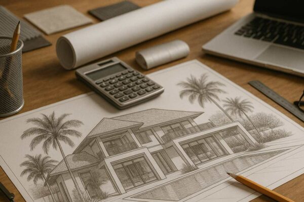 Plan d'architecte d'une villa tropicale posé sur un bureau, avec calculatrice, règle et compas : à l'île Maurice, un achat sur plan se juge sur des documents avant d'exister sur le terrain.