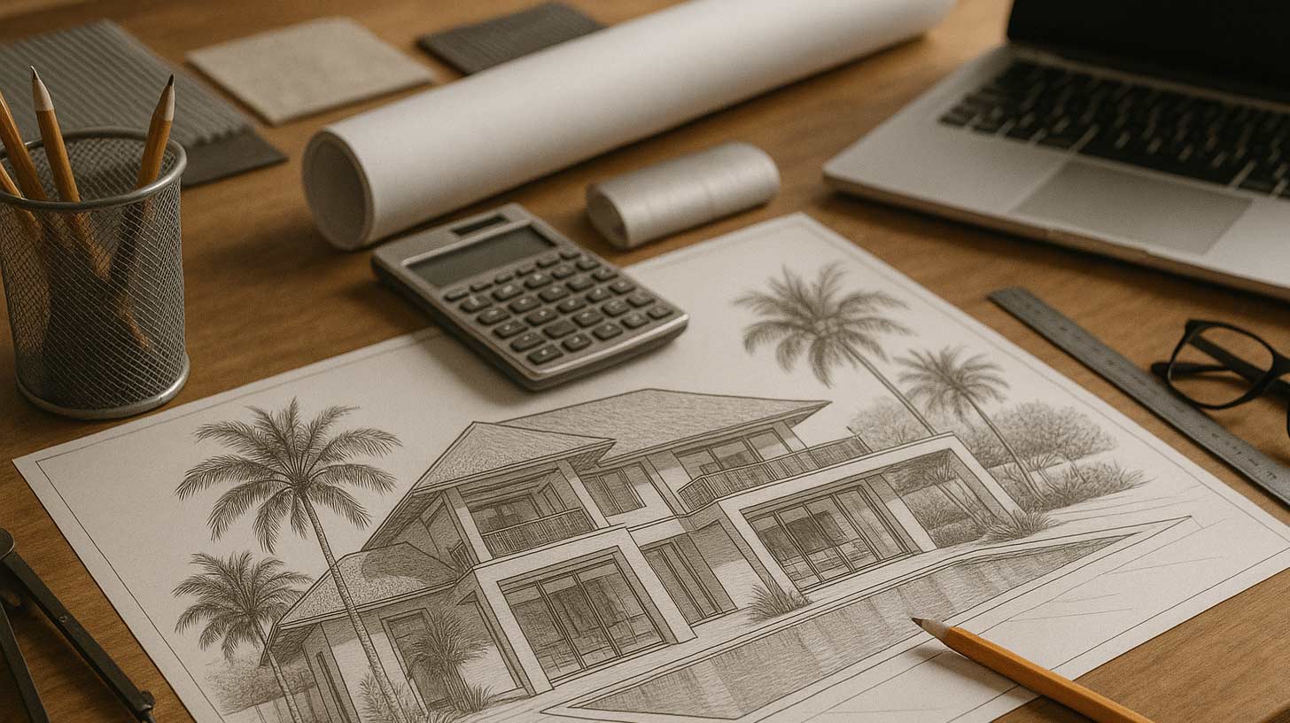 Plan d'architecte d'une villa tropicale posé sur un bureau, avec calculatrice, règle et compas : à l'île Maurice, un achat sur plan se juge sur des documents avant d'exister sur le terrain.