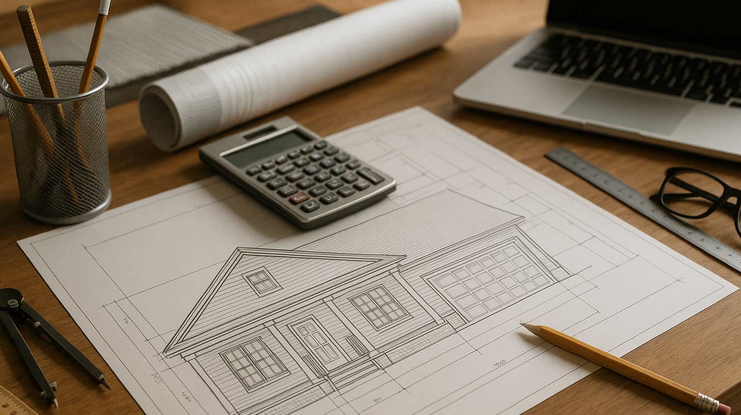 Plan de construction, calculatrice et crayon sur un bureau : chiffrer un achat en VEFA à l'île Maurice avant de signer le contrat de réservation.