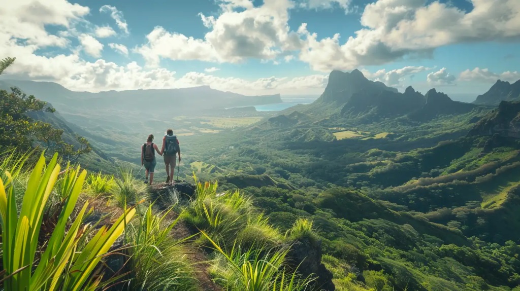 Randonneurs dominant l'intérieur verdoyant de l'île Maurice pendant la saison sèche