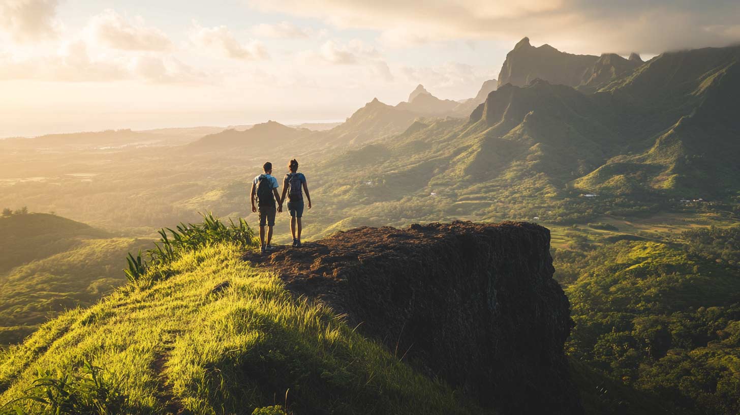 Randonneurs devant un panorama de montagnes et de plaines de l'île Maurice