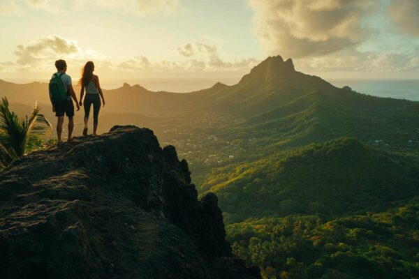 Deux randonneurs sur une arête volcanique dominant les reliefs verts de l'île Maurice