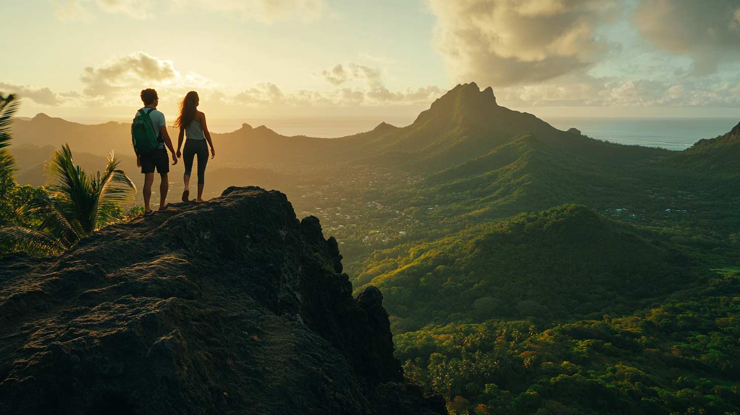 Deux randonneurs sur une arête volcanique dominant les reliefs verts de l'île Maurice