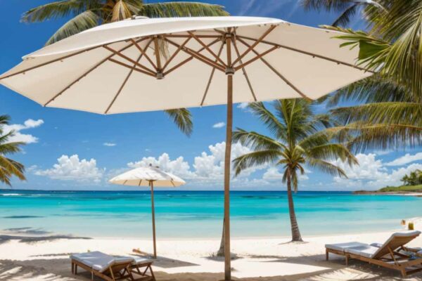 Parasol et transats sur une plage de sable blanc bordée de cocotiers à l'île Maurice