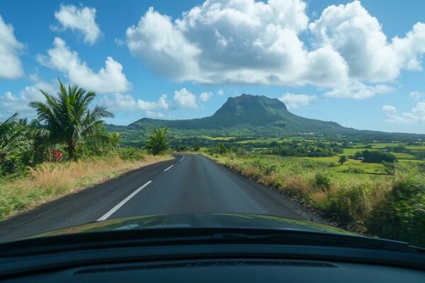 Route de campagne à l'intérieur des terres de l'île Maurice, vue depuis un pare-brise, montagne en arrière-plan