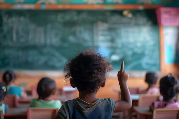 Enfant de dos levant le doigt dans une salle de classe aux murs de bois, camarades assis devant un tableau noir
