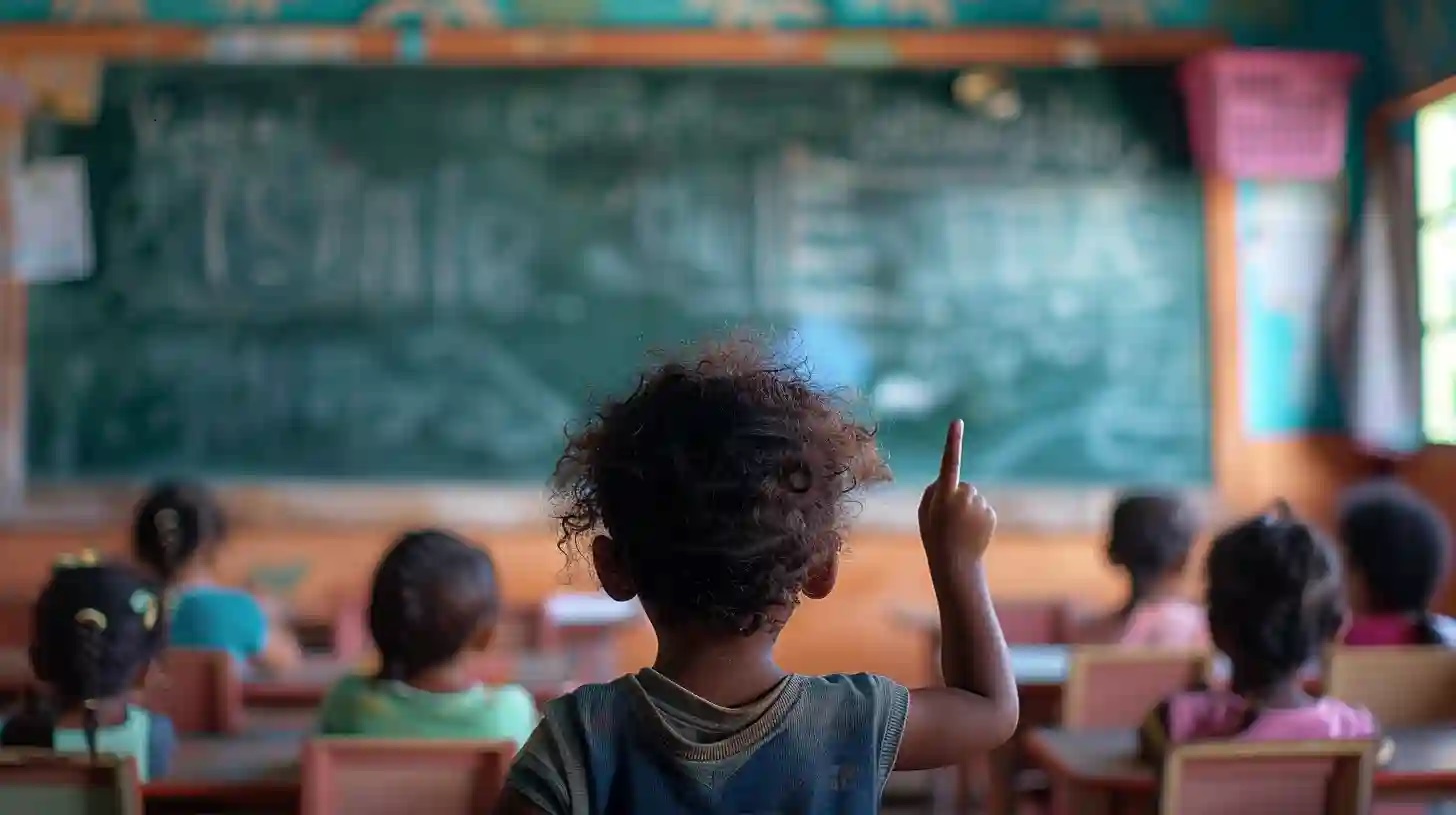 Enfant de dos levant le doigt dans une salle de classe aux murs de bois, camarades assis devant un tableau noir